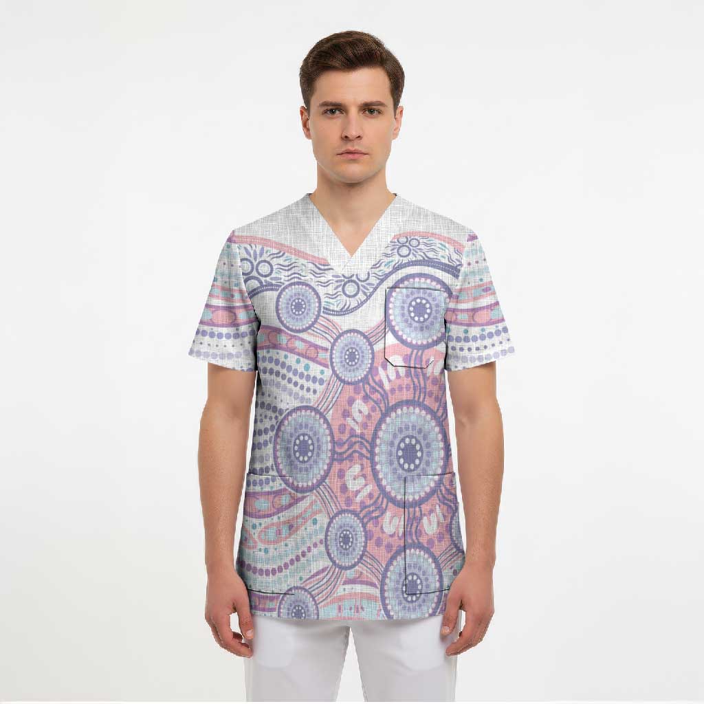 Australian Indigenous Aboriginal Art Scrub Top Vivid Pastel Peach Purple