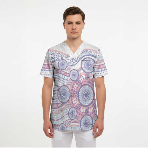 Australian Indigenous Aboriginal Art Scrub Top Vivid Pastel Peach Purple