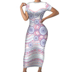 Australian Indigenous Aboriginal Art Short Sleeve Bodycon Dress Vivid Pastel Peach Purple
