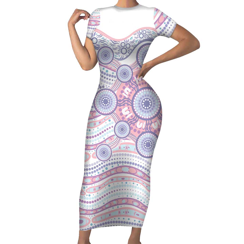 Australian Indigenous Aboriginal Art Short Sleeve Bodycon Dress Vivid Pastel Peach Purple