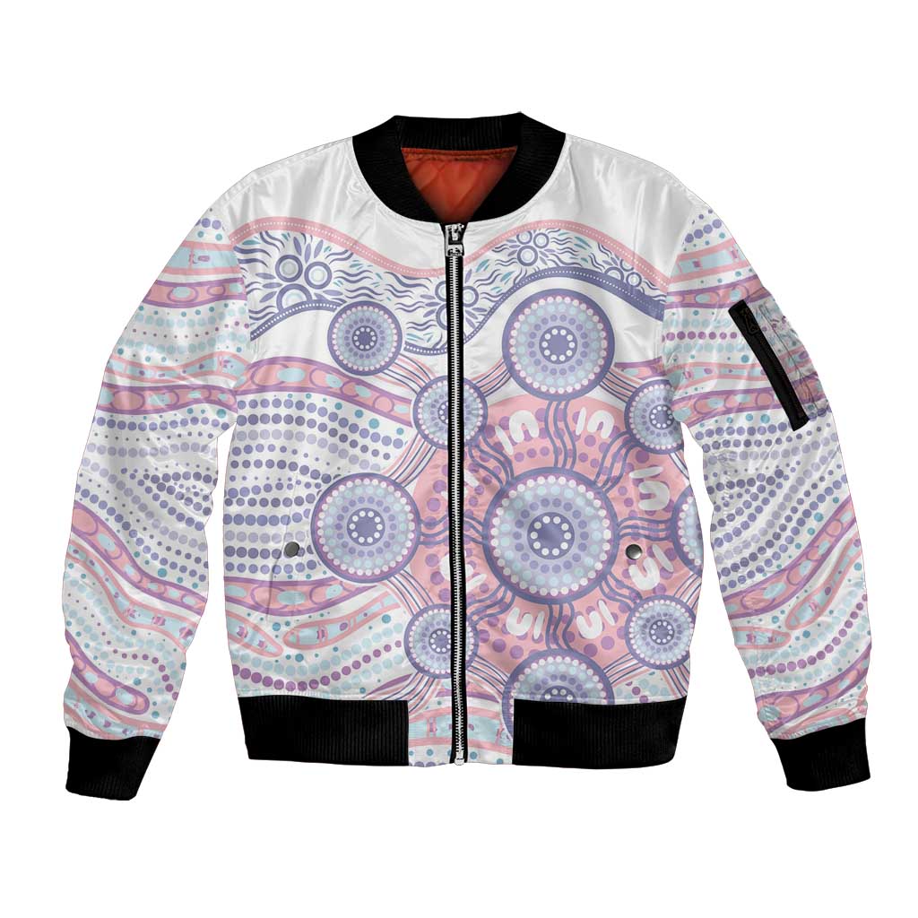 Australian Indigenous Aboriginal Art Sleeve Zip Bomber Jacket Vivid Pastel Peach Purple