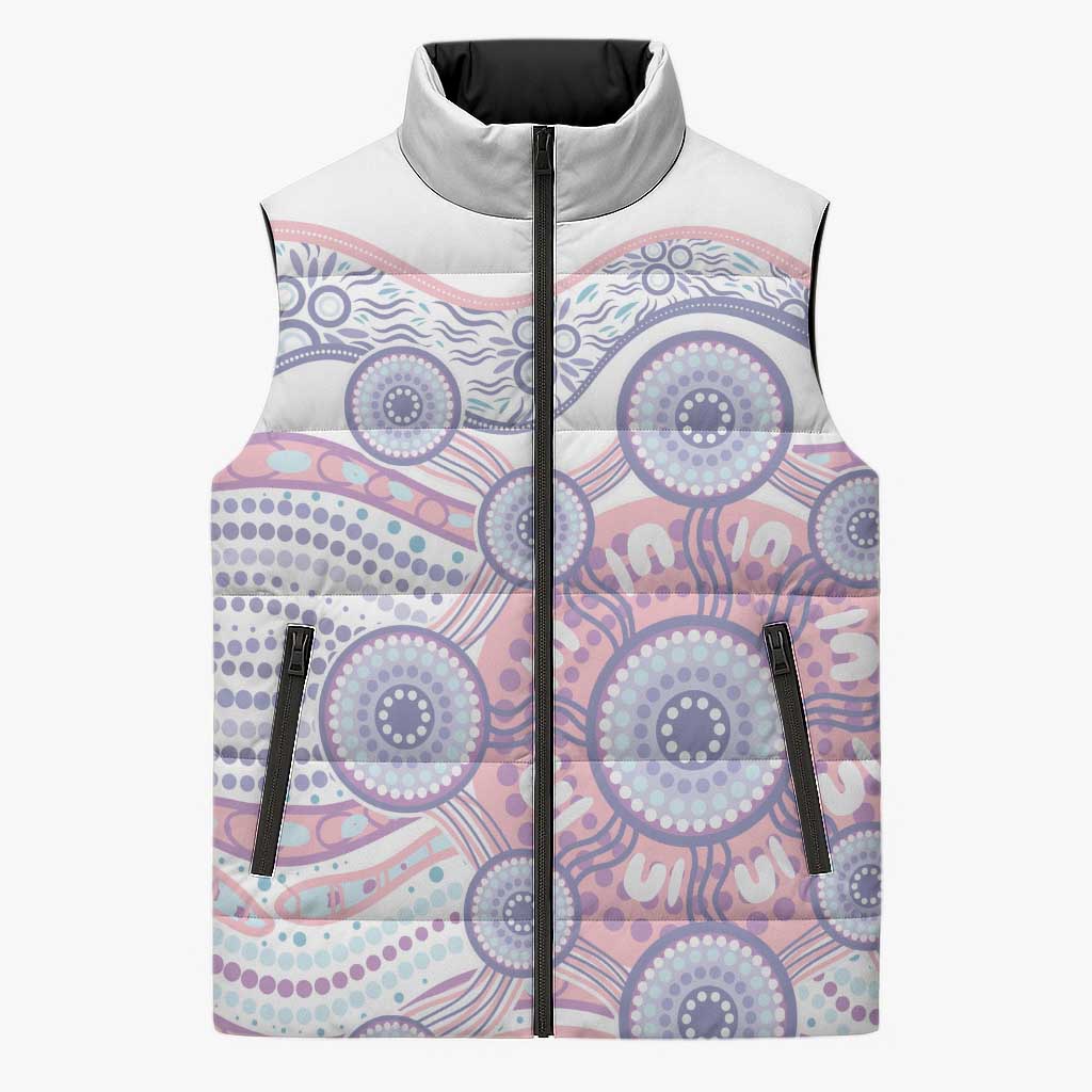 Australian Indigenous Aboriginal Art Sleeveless Puffer Jacket Vivid Pastel Peach Purple