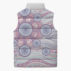 Australian Indigenous Aboriginal Art Sleeveless Puffer Jacket Vivid Pastel Peach Purple