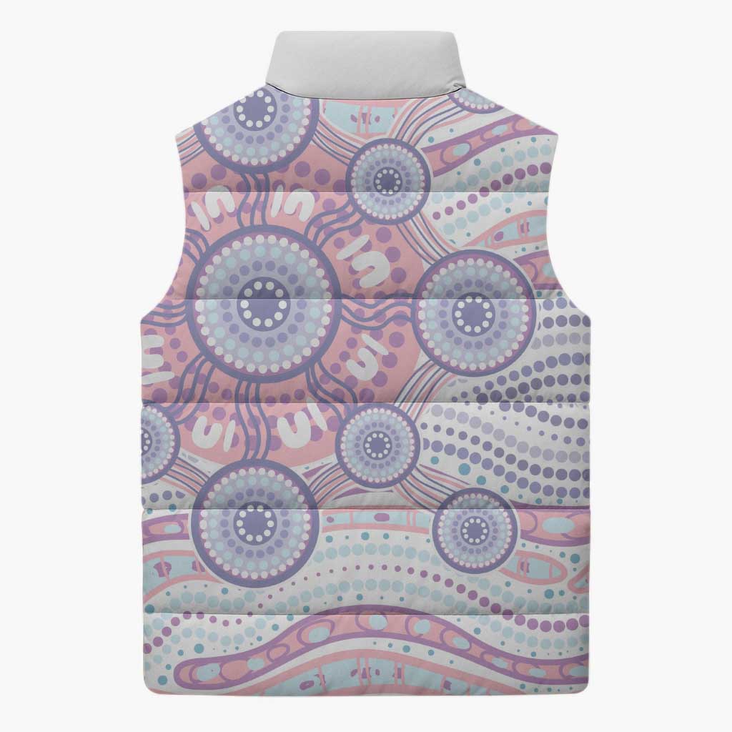 Australian Indigenous Aboriginal Art Sleeveless Puffer Jacket Vivid Pastel Peach Purple