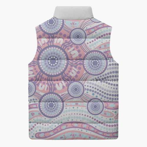 Australian Indigenous Aboriginal Art Sleeveless Puffer Jacket Vivid Pastel Peach Purple