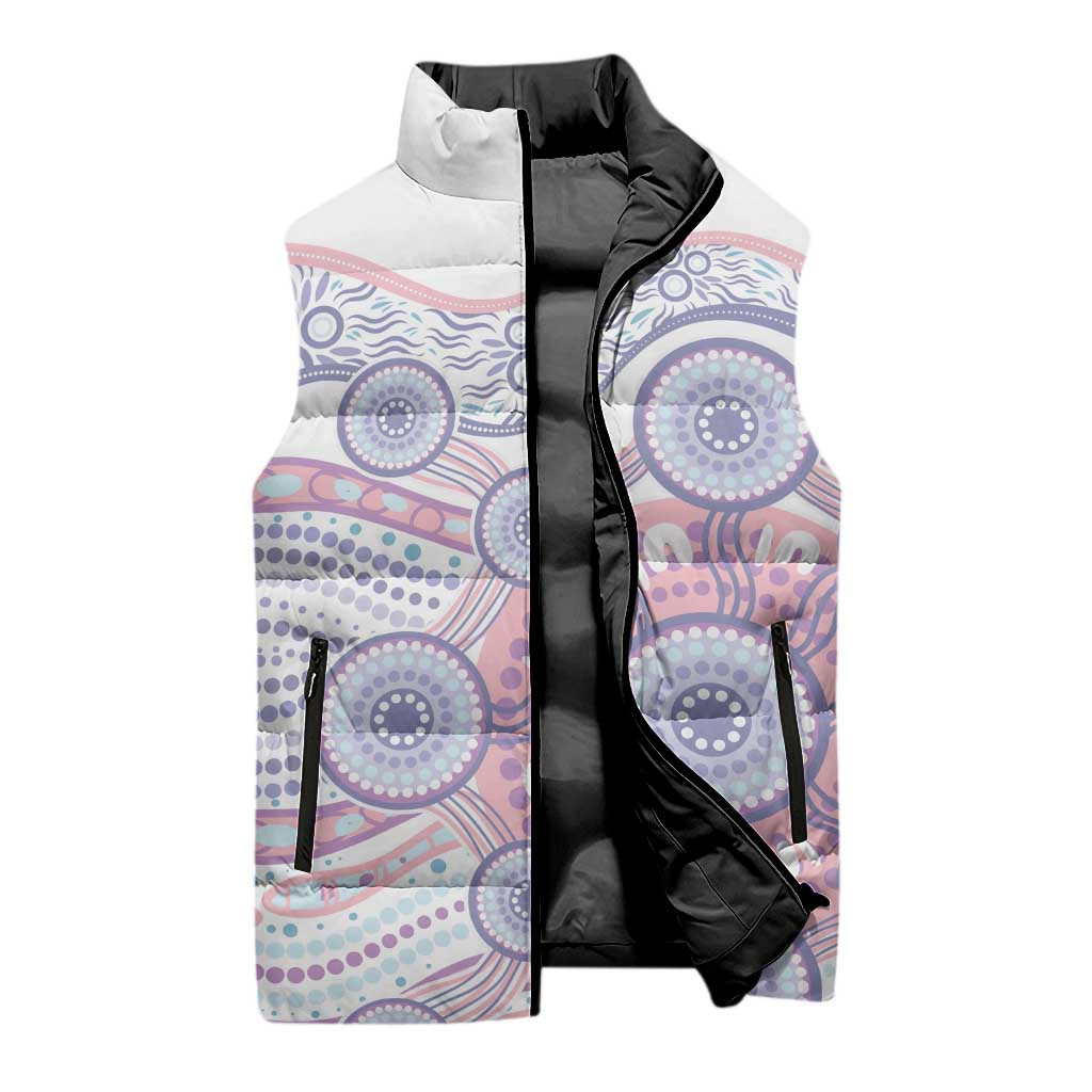 Australian Indigenous Aboriginal Art Sleeveless Puffer Jacket Vivid Pastel Peach Purple