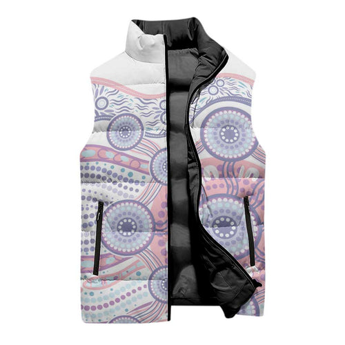 Australian Indigenous Aboriginal Art Sleeveless Puffer Jacket Vivid Pastel Peach Purple