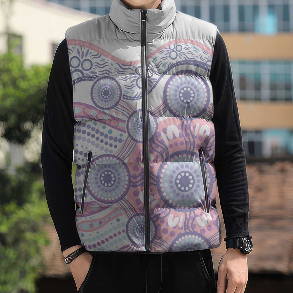 Australian Indigenous Aboriginal Art Sleeveless Puffer Jacket Vivid Pastel Peach Purple