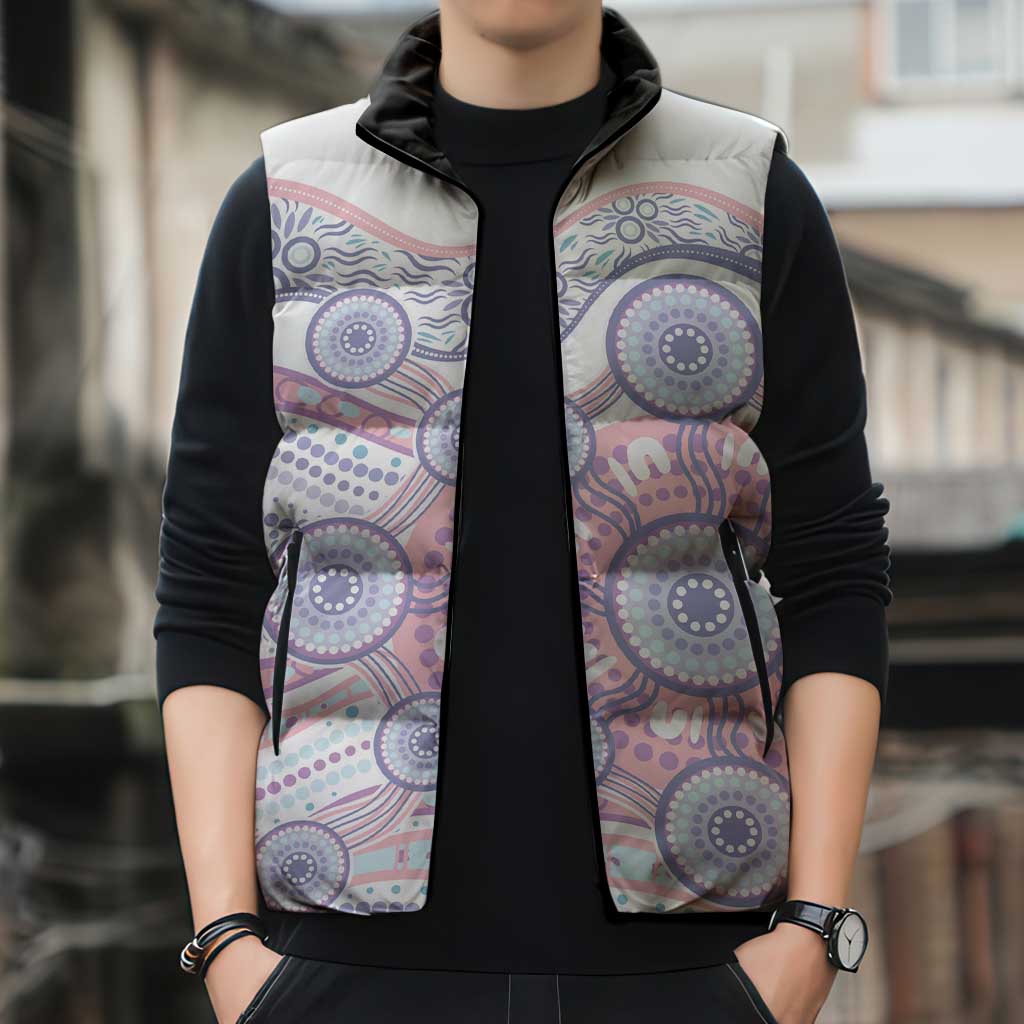 Australian Indigenous Aboriginal Art Sleeveless Puffer Jacket Vivid Pastel Peach Purple