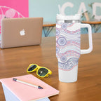 Australian Indigenous Aboriginal Art Tumbler With Handle Vivid Pastel Peach Purple