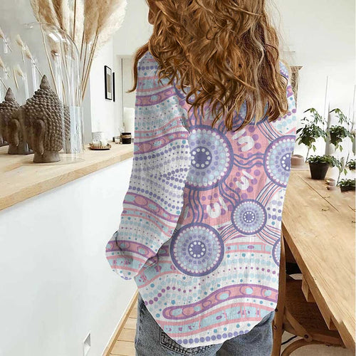 Australian Indigenous Aboriginal Art Women Casual Shirt Vivid Pastel Peach Purple