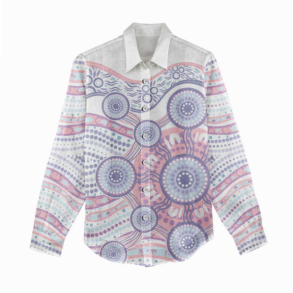 Australian Indigenous Aboriginal Art Women Casual Shirt Vivid Pastel Peach Purple
