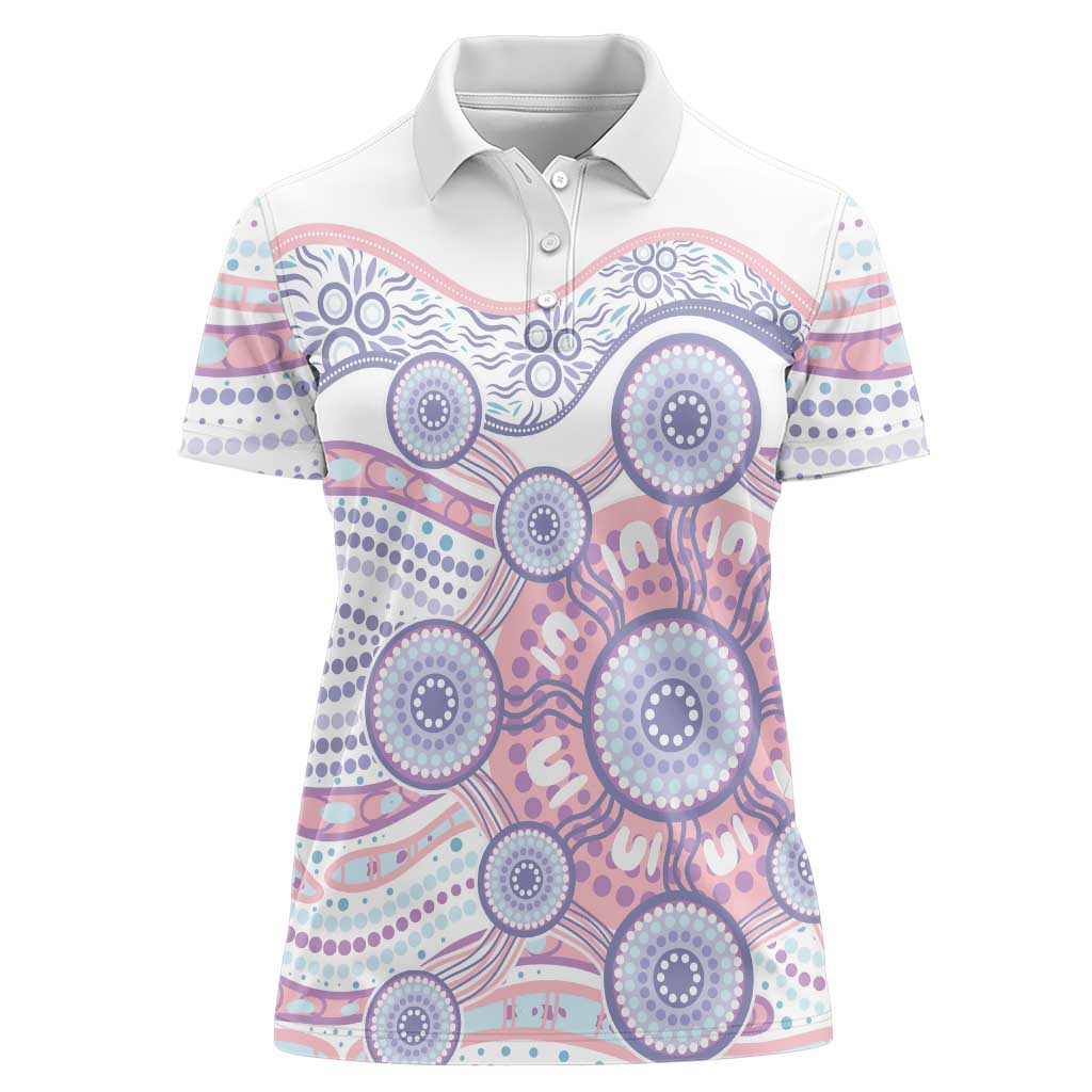 Australian Indigenous Aboriginal Art Women Polo Shirt Vivid Pastel Peach Purple
