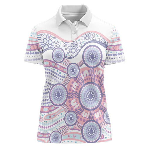 Australian Indigenous Aboriginal Art Women Polo Shirt Vivid Pastel Peach Purple