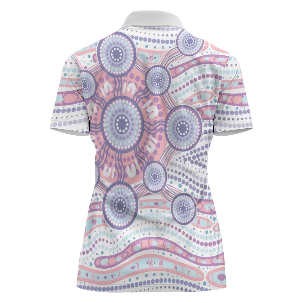 Australian Indigenous Aboriginal Art Women Polo Shirt Vivid Pastel Peach Purple