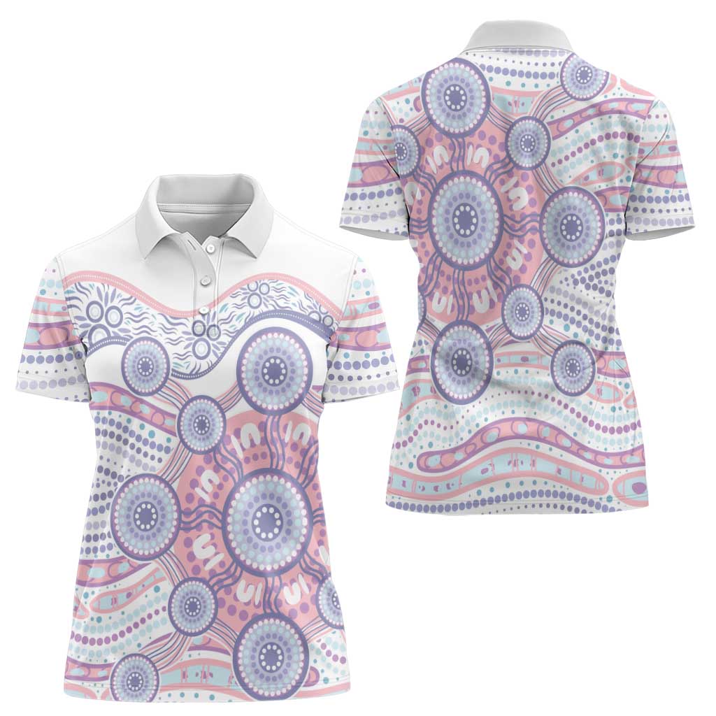 Australian Indigenous Aboriginal Art Women Polo Shirt Vivid Pastel Peach Purple
