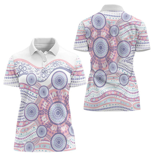 Australian Indigenous Aboriginal Art Women Polo Shirt Vivid Pastel Peach Purple