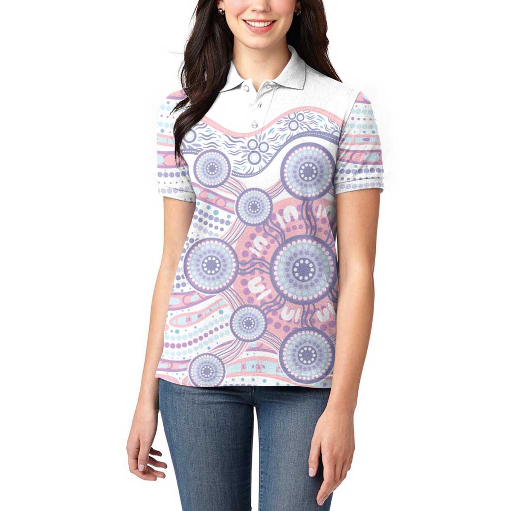 Australian Indigenous Aboriginal Art Women Polo Shirt Vivid Pastel Peach Purple