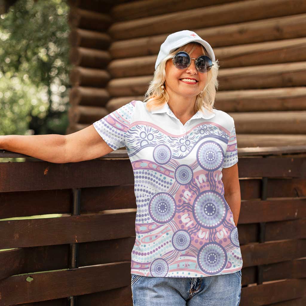 Australian Indigenous Aboriginal Art Women Polo Shirt Vivid Pastel Peach Purple
