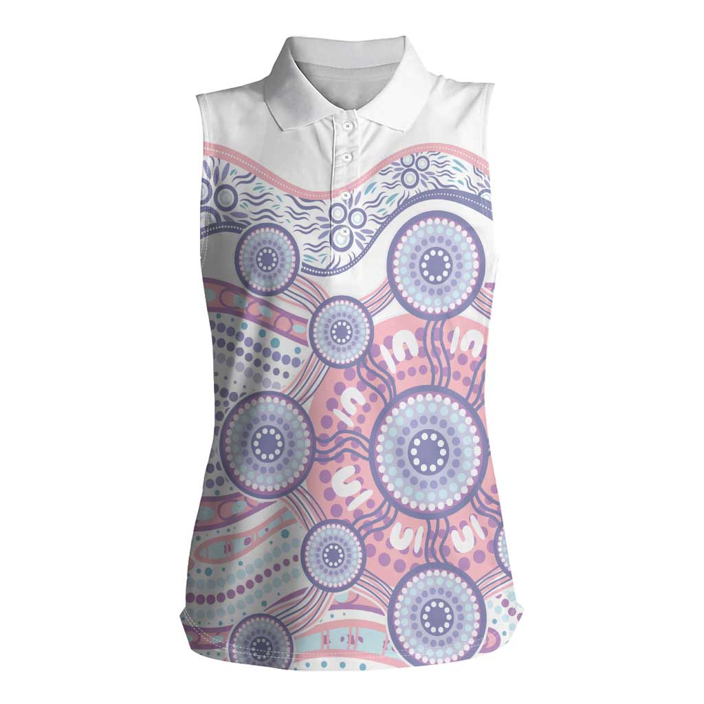 Australian Indigenous Aboriginal Art Women Sleeveless Polo Shirt Vivid Pastel Peach Purple