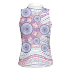 Australian Indigenous Aboriginal Art Women Sleeveless Polo Shirt Vivid Pastel Peach Purple
