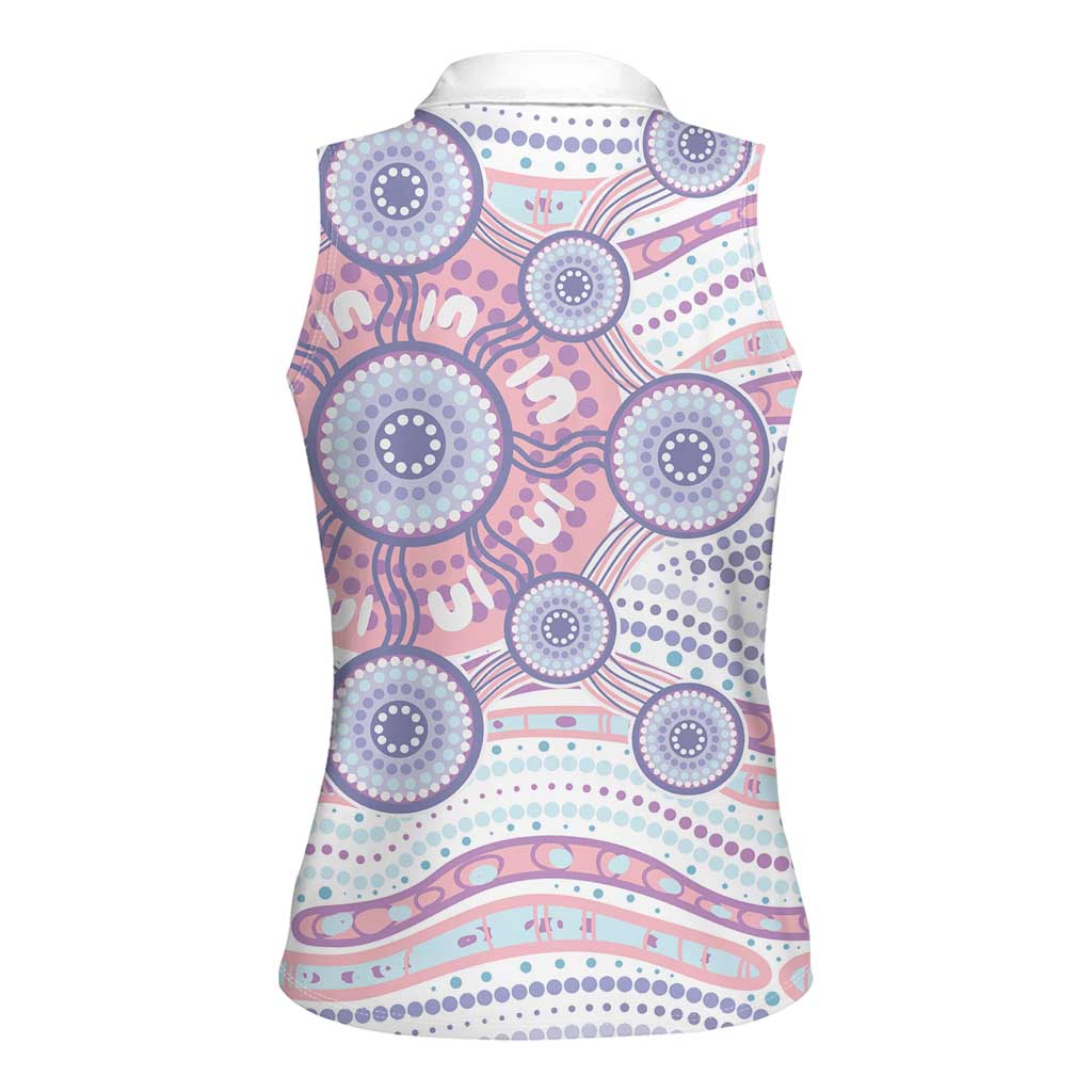 Australian Indigenous Aboriginal Art Women Sleeveless Polo Shirt Vivid Pastel Peach Purple