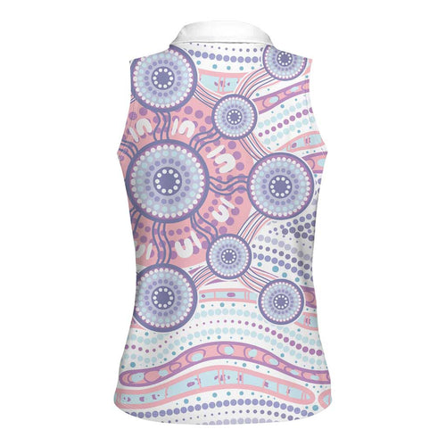 Australian Indigenous Aboriginal Art Women Sleeveless Polo Shirt Vivid Pastel Peach Purple