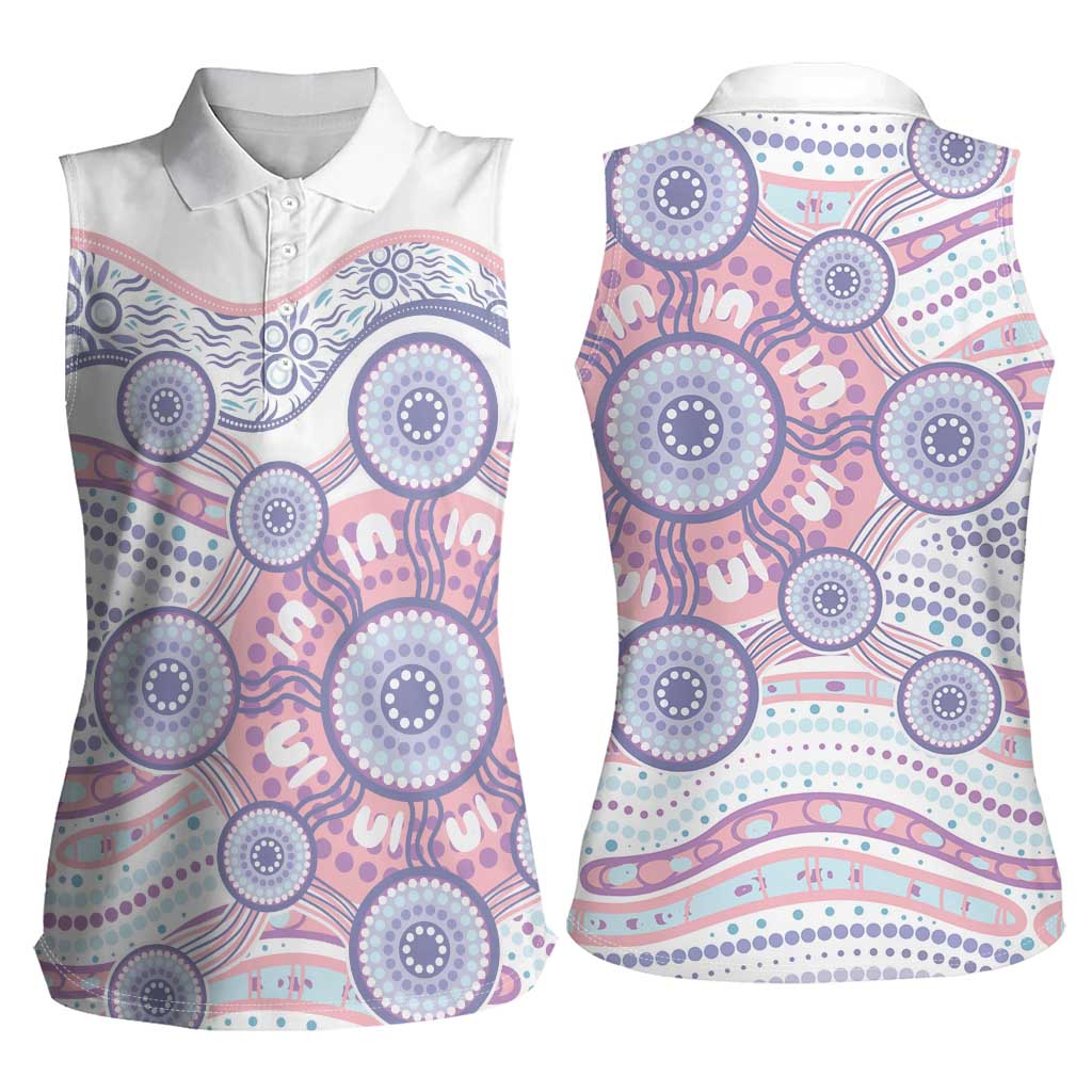 Australian Indigenous Aboriginal Art Women Sleeveless Polo Shirt Vivid Pastel Peach Purple