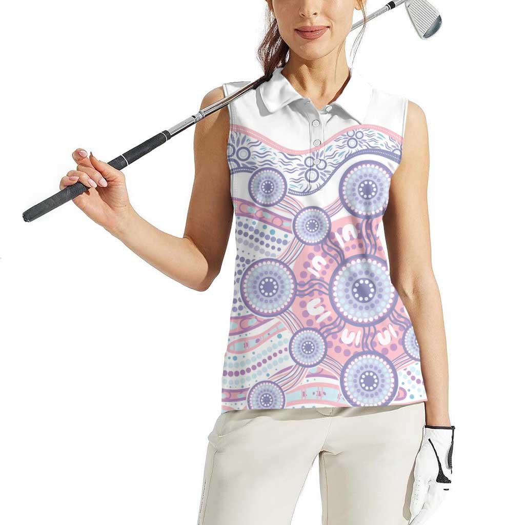 Australian Indigenous Aboriginal Art Women Sleeveless Polo Shirt Vivid Pastel Peach Purple
