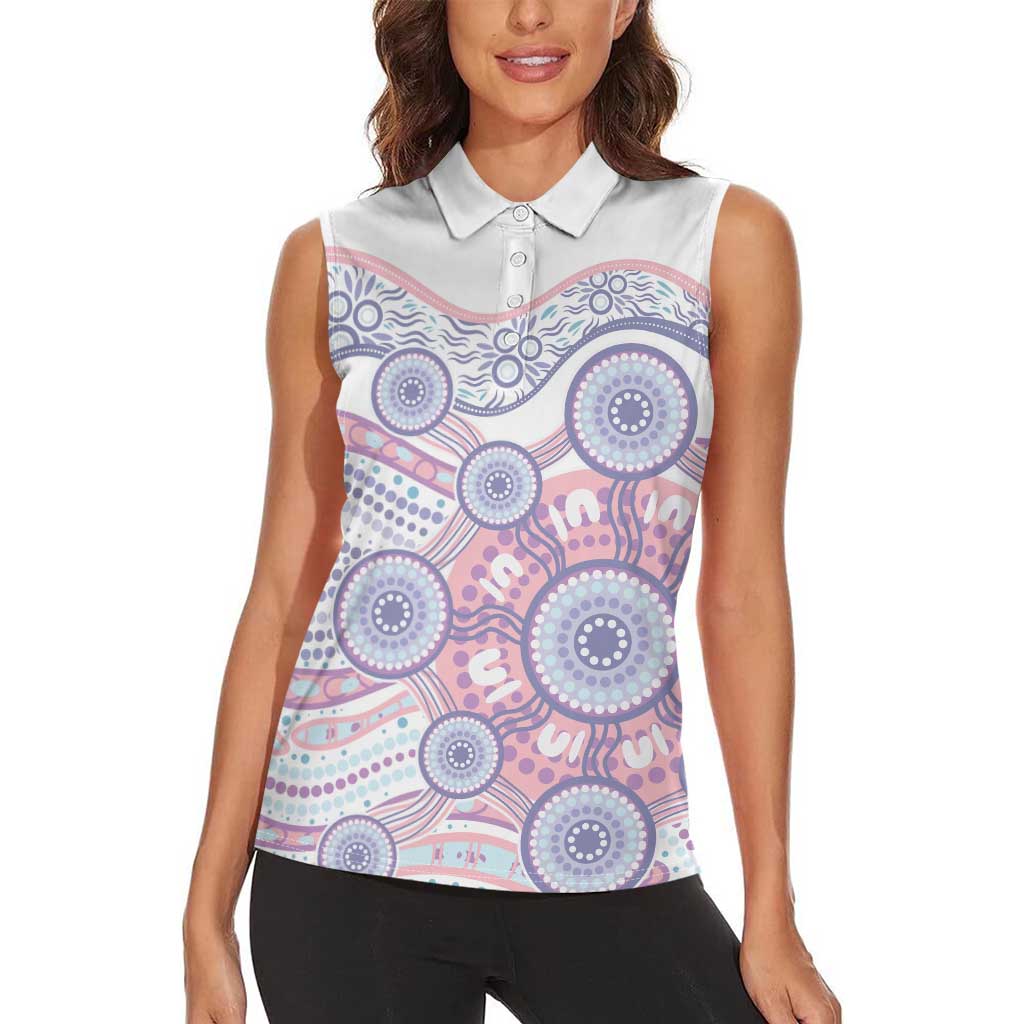 Australian Indigenous Aboriginal Art Women Sleeveless Polo Shirt Vivid Pastel Peach Purple