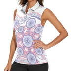 Australian Indigenous Aboriginal Art Women Sleeveless Polo Shirt Vivid Pastel Peach Purple