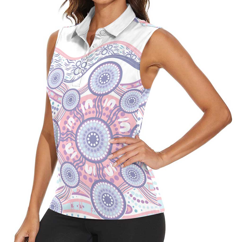 Australian Indigenous Aboriginal Art Women Sleeveless Polo Shirt Vivid Pastel Peach Purple