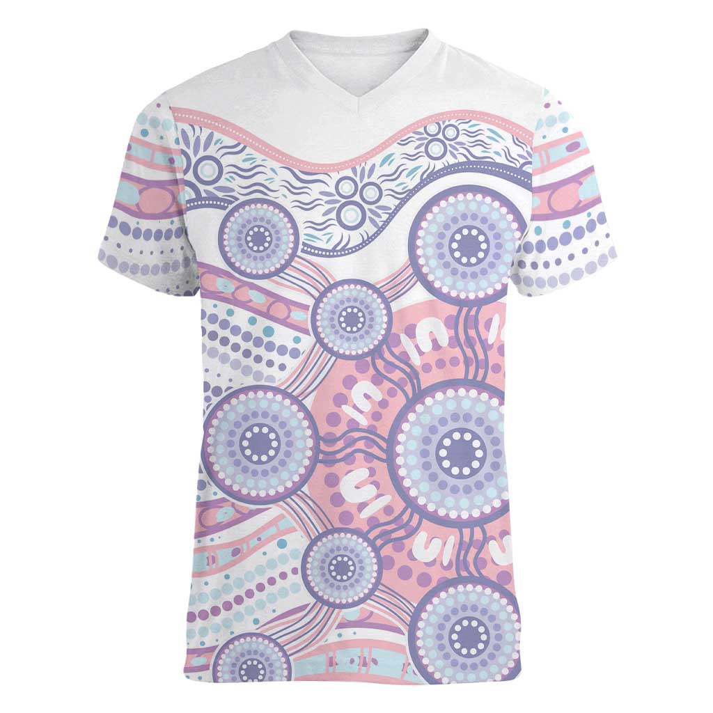 Australian Indigenous Aboriginal Art Women V-Neck T-Shirt Vivid Pastel Peach Purple
