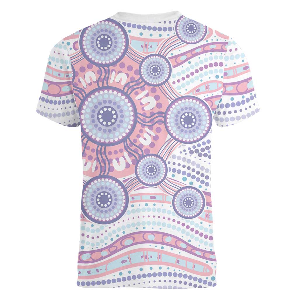 Australian Indigenous Aboriginal Art Women V-Neck T-Shirt Vivid Pastel Peach Purple