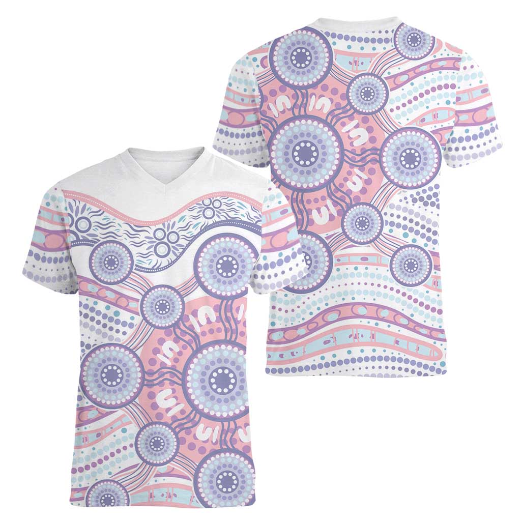 Australian Indigenous Aboriginal Art Women V-Neck T-Shirt Vivid Pastel Peach Purple