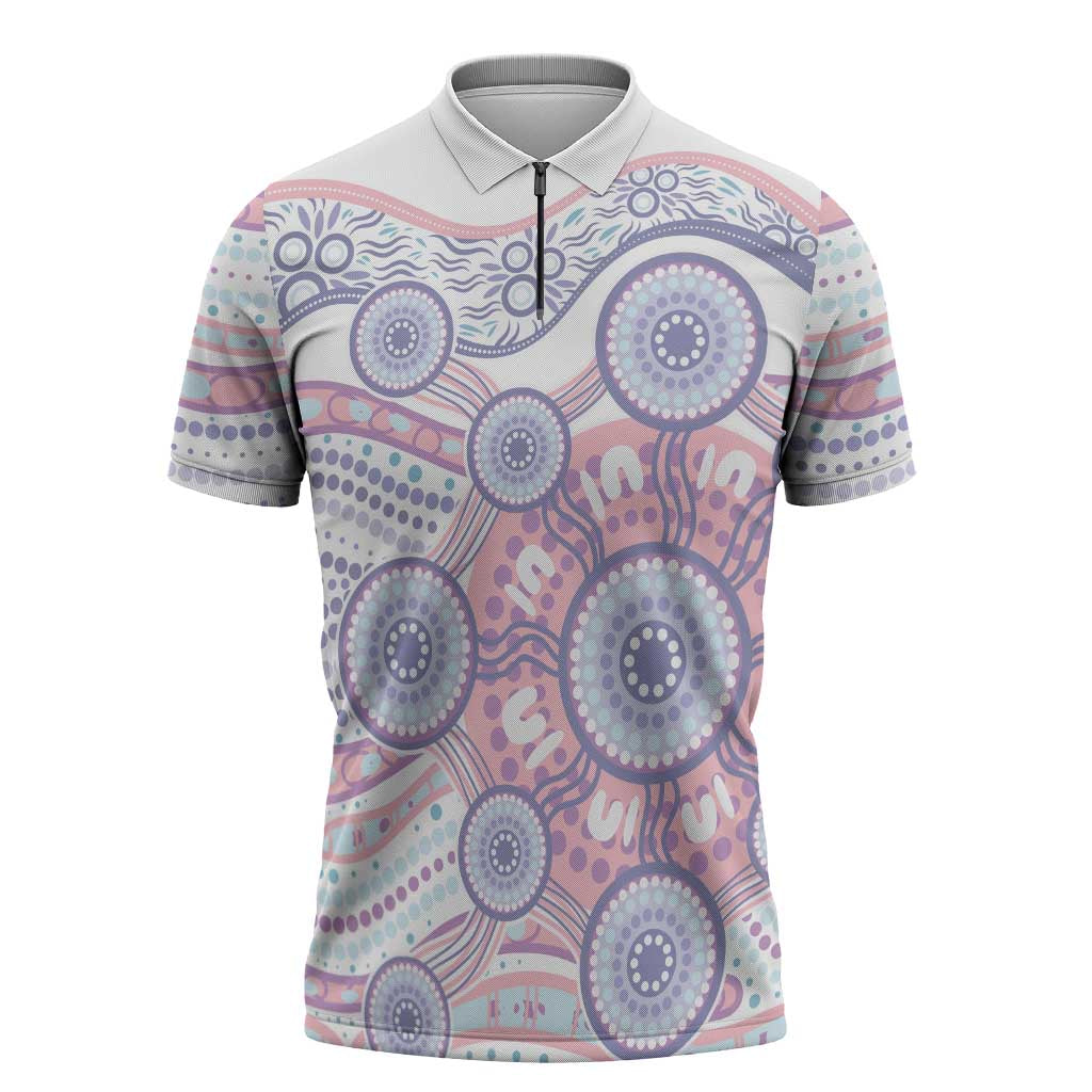 Australian Indigenous Aboriginal Art Zipper Polo Shirt Vivid Pastel Peach Purple