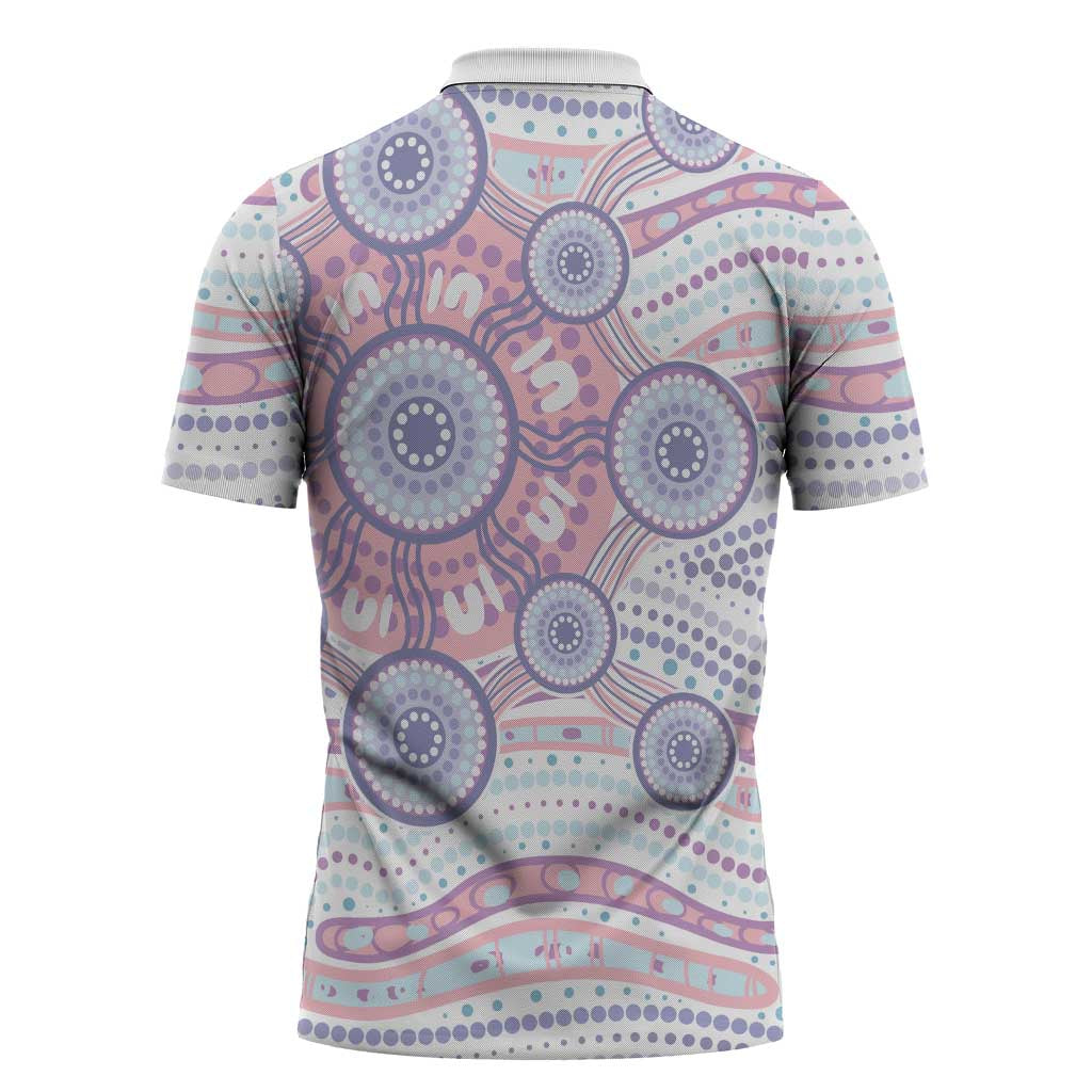 Australian Indigenous Aboriginal Art Zipper Polo Shirt Vivid Pastel Peach Purple