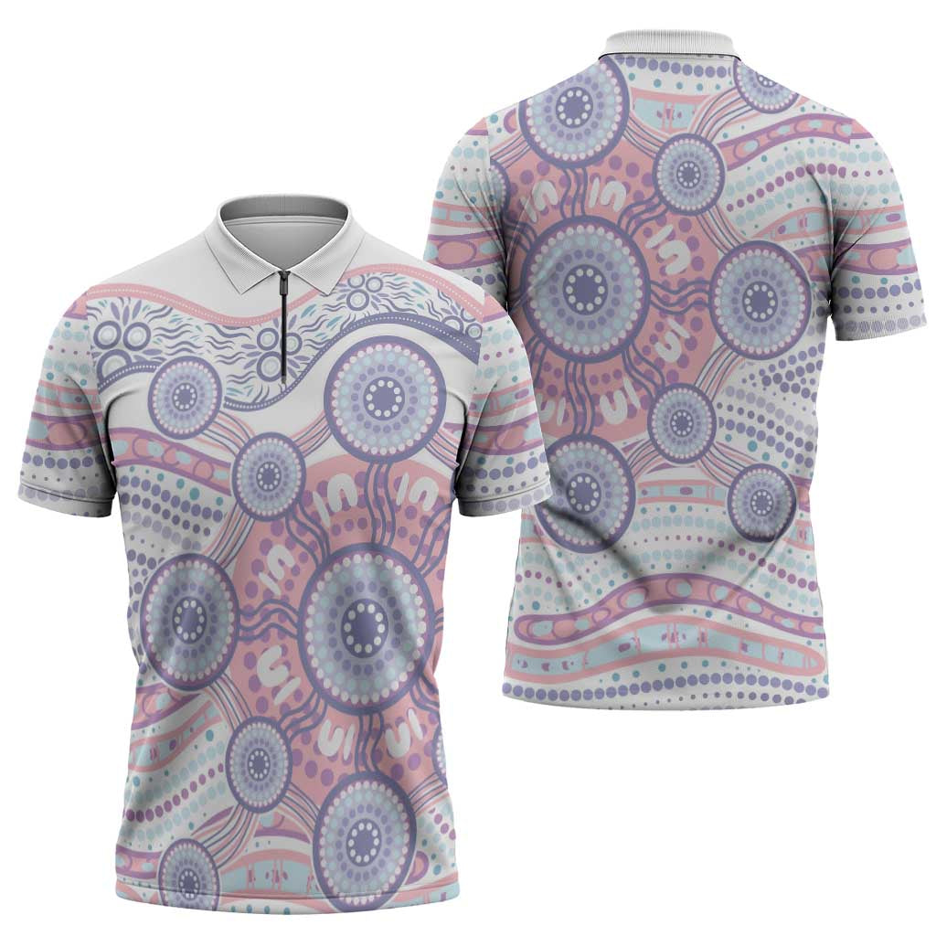 Australian Indigenous Aboriginal Art Zipper Polo Shirt Vivid Pastel Peach Purple