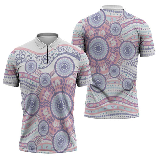 Australian Indigenous Aboriginal Art Zipper Polo Shirt Vivid Pastel Peach Purple