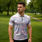Australian Indigenous Aboriginal Art Zipper Polo Shirt Vivid Pastel Peach Purple