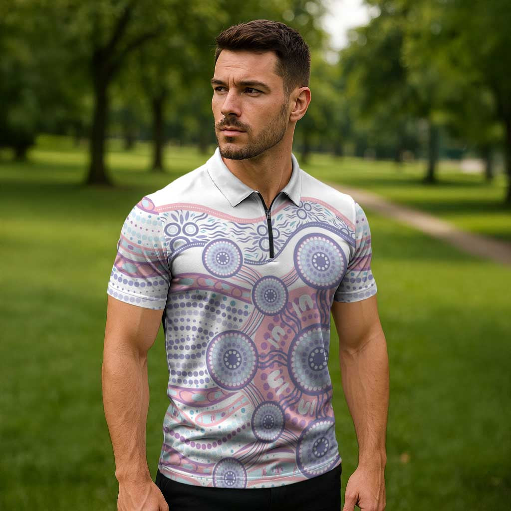 Australian Indigenous Aboriginal Art Zipper Polo Shirt Vivid Pastel Peach Purple