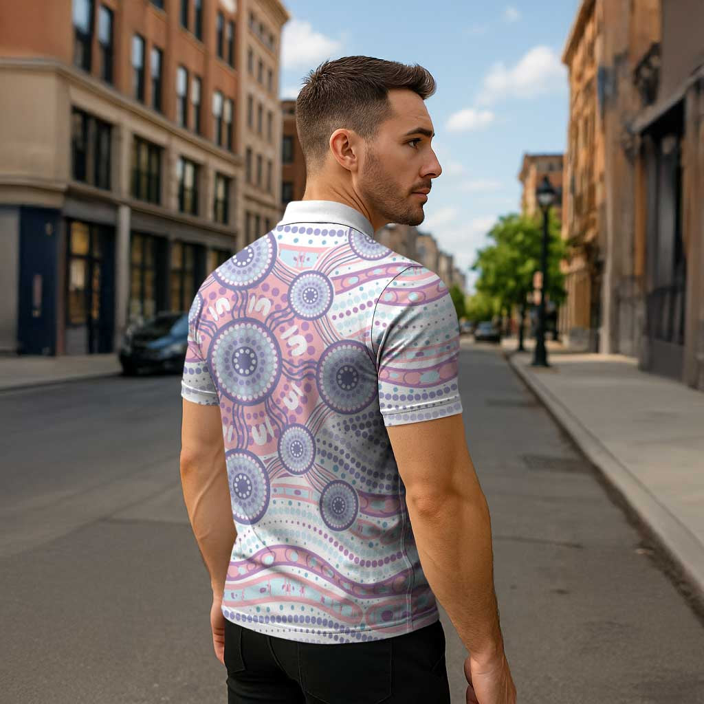 Australian Indigenous Aboriginal Art Zipper Polo Shirt Vivid Pastel Peach Purple