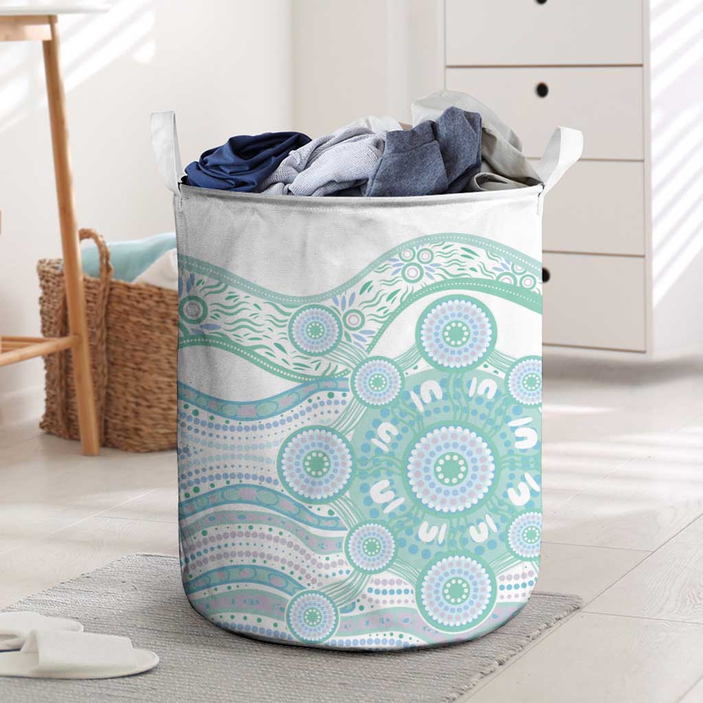 Australian Indigenous Aboriginal Art Laundry Basket Vivid Pastel Teal Green