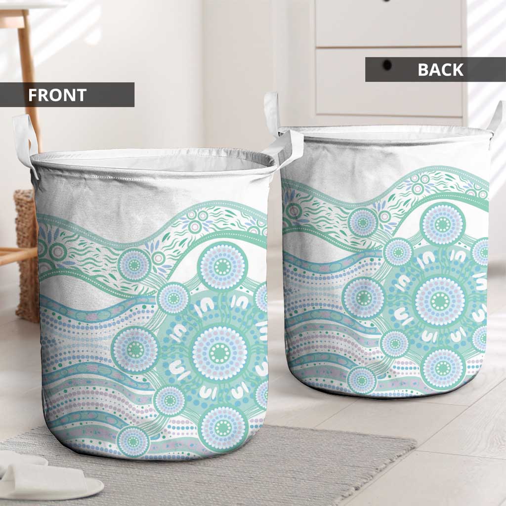 Australian Indigenous Aboriginal Art Laundry Basket Vivid Pastel Teal Green
