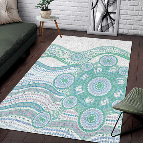 Australian Indigenous Aboriginal Art Area Rug Vivid Pastel Teal Green