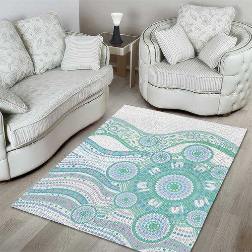 Australian Indigenous Aboriginal Art Area Rug Vivid Pastel Teal Green
