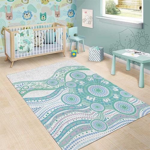 Australian Indigenous Aboriginal Art Area Rug Vivid Pastel Teal Green