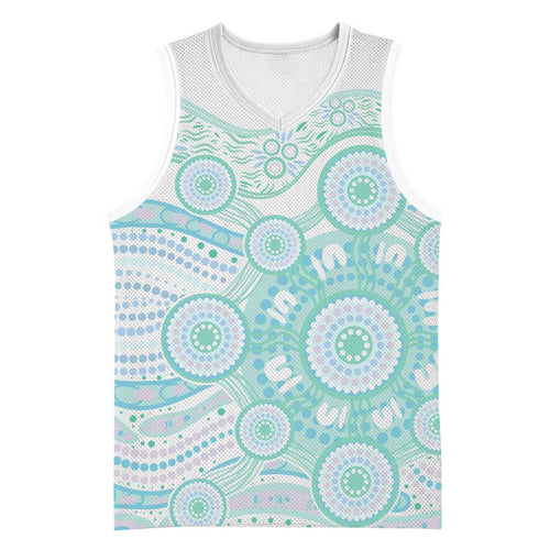 Australian Indigenous Aboriginal Art Basketball Jersey Vivid Pastel Teal Green