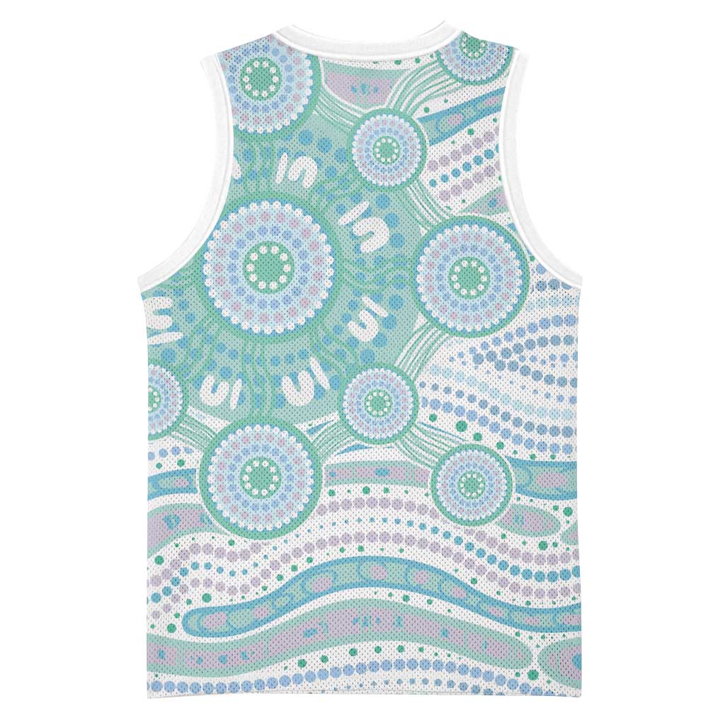 Australian Indigenous Aboriginal Art Basketball Jersey Vivid Pastel Teal Green