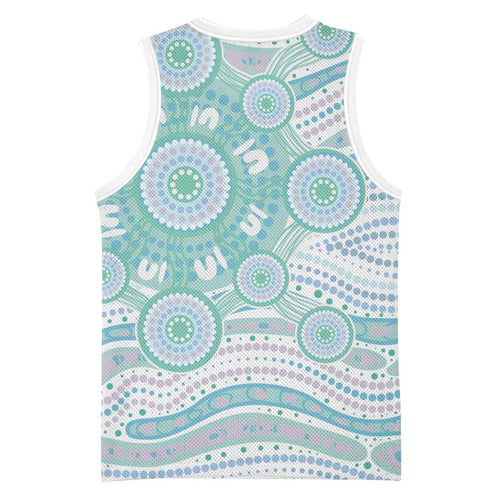 Australian Indigenous Aboriginal Art Basketball Jersey Vivid Pastel Teal Green